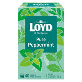 The Loyd Pure Peppermint Tea comes in a green and white box containing 40 tea bags, each crafted to offer a refreshing taste from pure peppermint leaves and featuring an elegant leaf design.